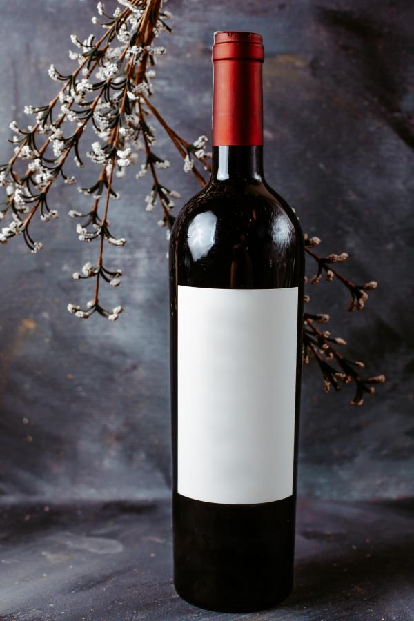 vista frontal botella vino tinto superficie gris